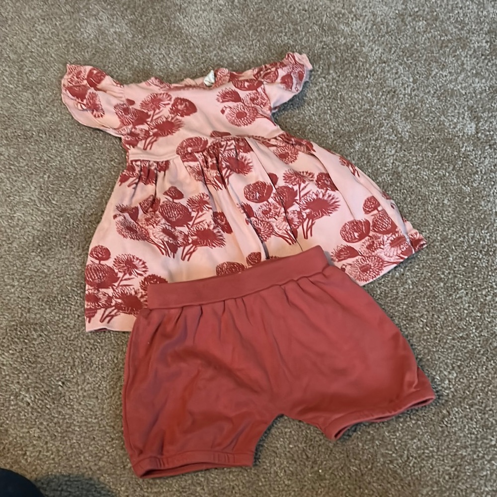 Kate Quinn organics baby outfit, pink and maroon flowers.
